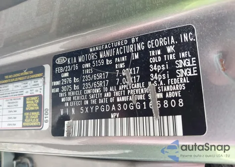 2016 Kia Sorento 2.4L Lx z USA, uszkodzony, nr VIN 5XYPGDA30GG166808